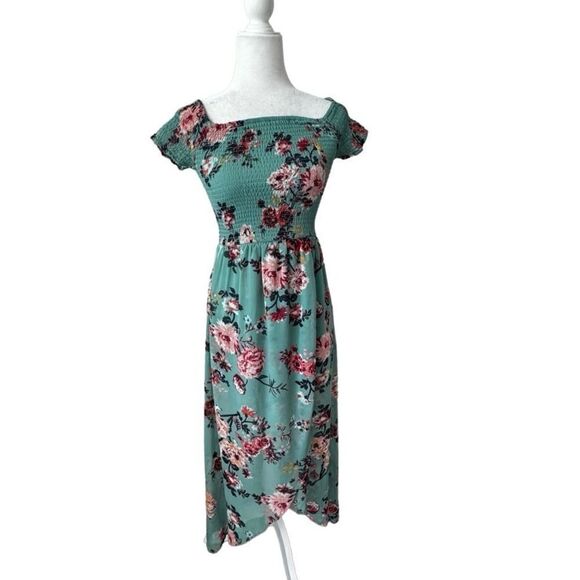 Derek Heart Floral High Low Dress Green Elastic Smocked Top SZ M - Picture 2 of 16